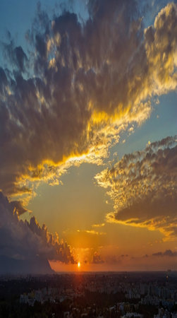 Sunset in the city with clouds and rays of the sun.の写真素材