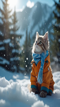 Cute tabby kitten in orange jacket and scarf sitting on snow in winter forest.の写真素材