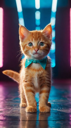 Cute ginger kitten with blue bow tie standing on the floor.の写真素材