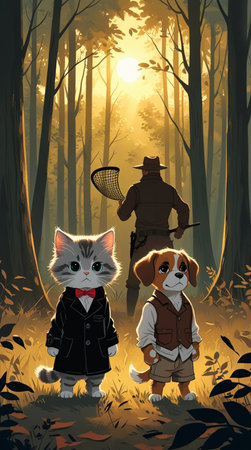Cat and dog in the forest. Vector illustration of a cat and dog in the forest.の写真素材