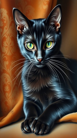 Portrait of a black cat with green eyes on a brown backgroundの写真素材