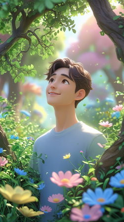 Boy in the park with flowers and trees,3d rendering.