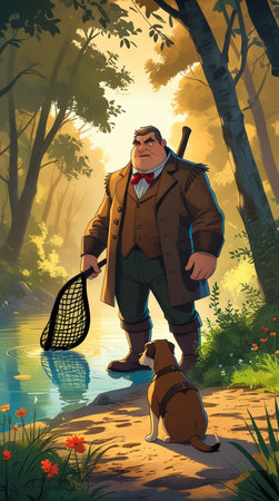 Cartoon illustration of a man with a dog in the forest.の写真素材