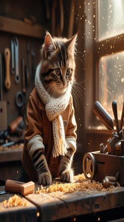 Cute tabby maine coon kitten in warm winter clothes and knitted scarf sitting on wooden bench with sawdust in garageの写真素材