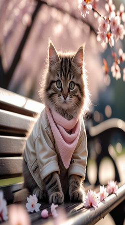 Cute siberian kitten with pink scarf sitting on the benchの写真素材