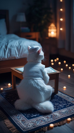 White cat sitting on the bed in the room with decorative lights.の写真素材