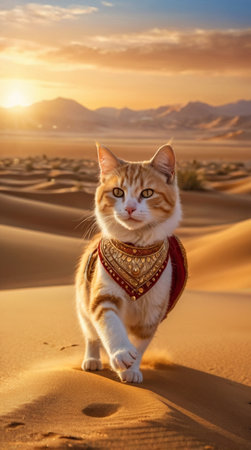 White cat with red bandana in the desert at sunset. Moroccoの写真素材