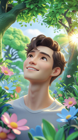 3D illustration of a young man surrounded by flowers in the forestの写真素材