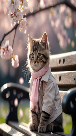cute little siberian kitten with pink scarf on a bench in springの写真素材