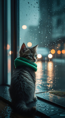Cute siberian kitten sitting on the windowsill and looking at the rainの写真素材