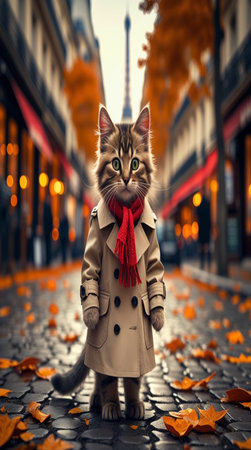 Funny cat in coat and scarf walking in Paris, France.の写真素材
