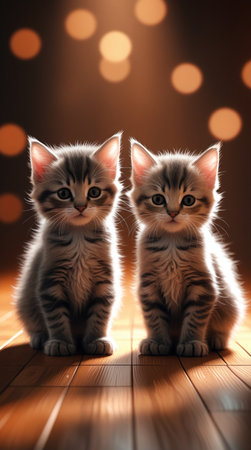 Two cute kittens on wooden floor with bokeh lights background.の写真素材