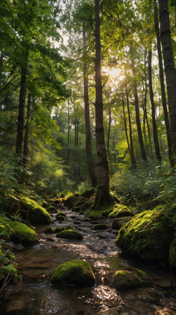 Mountain river in the forest at sunrise. Beautiful summer landscape.の写真素材