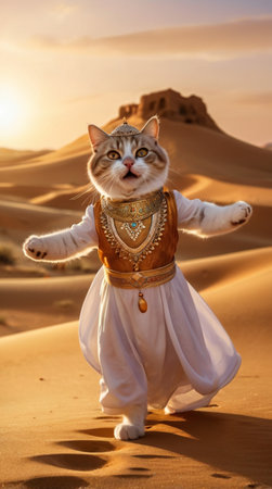Egyptian cat in the Sahara desert at sunset. Egyptian cat in a national costume.の写真素材