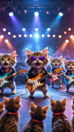 Kitten playing the electric guitar on stage in a live concert.の写真素材