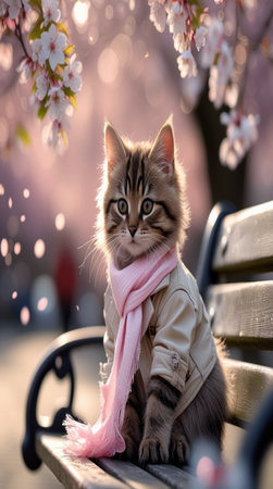 Cute siberian kitten sitting on a bench in the park.の写真素材