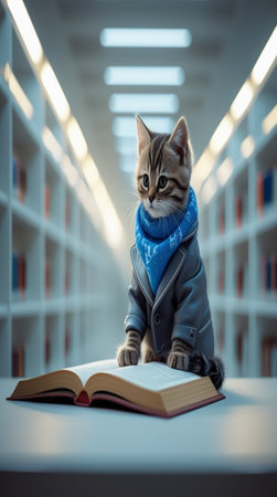 Cute little kitten with book in the library. Education concept.の写真素材