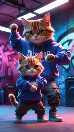 Funny red cat in a hoodie and jeans on the street.の写真素材