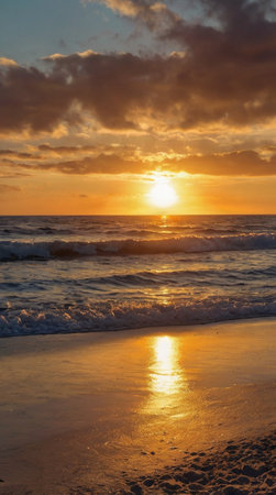 Beautiful sunset on the beach. Sunset on the beach with waves.の写真素材