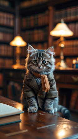 Cute siberian kitten in a leather jacket sitting on a table in the libraryの写真素材