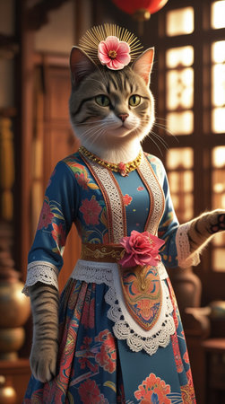 Cute cat in a dress with a flower in her hairの写真素材