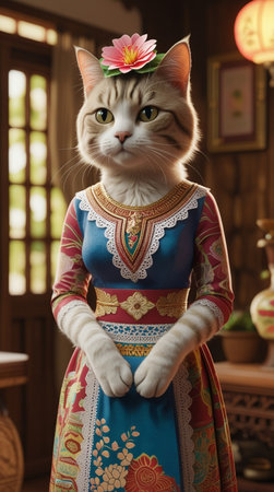 The beautiful cat in the dress is a symbol of good luckの写真素材