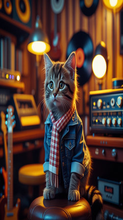 Cute cat in denim jacket and scarf sitting on stool in music studio.の写真素材
