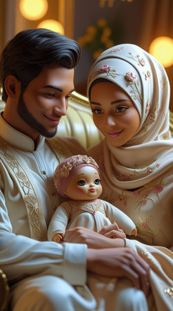 Husband and wife with baby in their arms. Muslim familyの写真素材