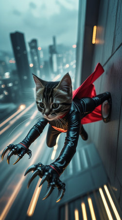 Superhero cat flying in the night city. 3D rendering.の写真素材