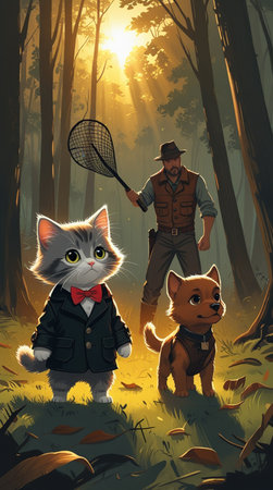 Vector illustration of a cat and a puppy in the forest with a man holding a bat.の写真素材