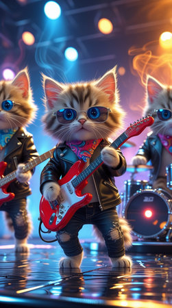 Funny kittens playing electric guitar and rock band performing on stage.の写真素材