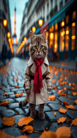 Cute cat in coat and red scarf walking on the street.の写真素材
