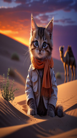 Cute kitten in the desert at sunset. 3d rendering.の写真素材