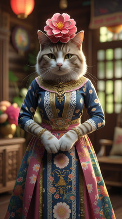 Cute cat in traditional Thai dress.の写真素材