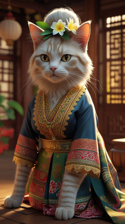 Beautiful white cat wearing a kimono in the Asian styleの写真素材