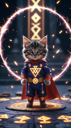 Cute little kitten dressed as a superhero standing in front of a magic portalの写真素材