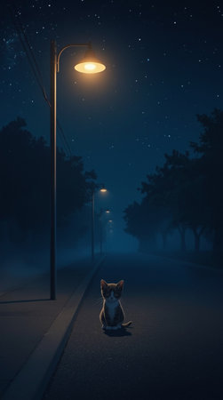 dog sitting on the road at night in the fog. 3d renderingの写真素材