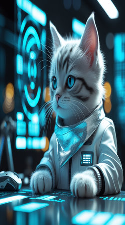 Funny white kitten with blue eyes in the space suit. 3d rendering.の写真素材