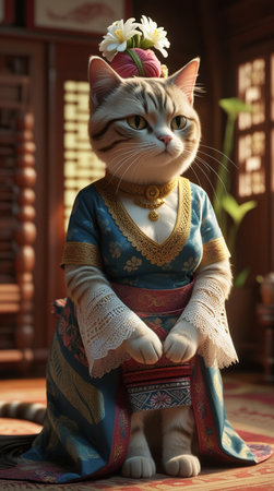 Traditional clothes, a cat with a wreath of flowersの写真素材