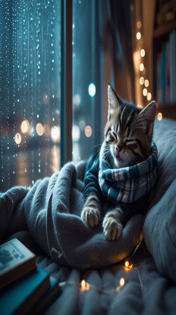 Cute tabby kitten wrapped in a warm scarf and sleeping on the windowsill.の写真素材