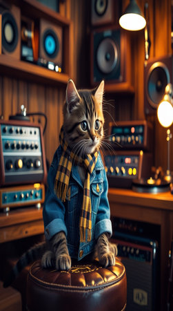 Cute tabby bengal kitten in a checkered jacket sits on a stool in a music room.の写真素材
