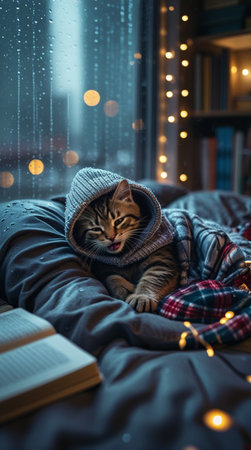 Cute tabby cat in a warm hat and plaid on the bed under the rain.の写真素材