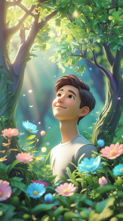 3d illustration of a boy in the forest with flowers and treesの写真素材