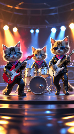Three kittens playing the electric guitar and drums on stage. 3d rendering.の写真素材