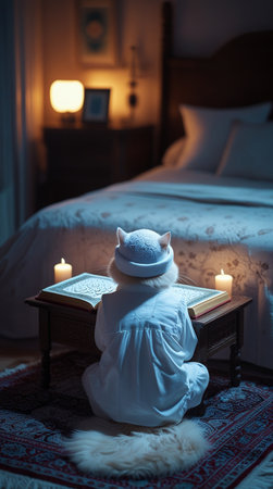 Cute cat sitting on a bed and reading a book with candlesの写真素材