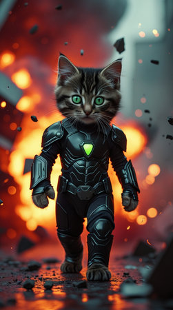 Funny little kitten with green eyes in a futuristic space suit.の写真素材
