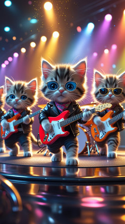 Kittens playing the electric guitar on a disco party. 3D rendering.の写真素材