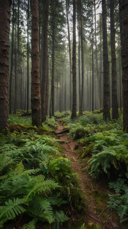 Footpath through the forest with fog and ferns on the groundの写真素材