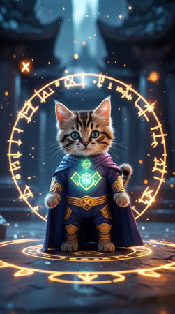 Cute little british shorthair kitten dressed like a superheroの写真素材