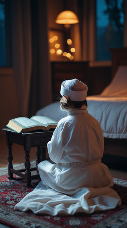 A cat dressed in a white robe and hat sitting on the carpet and reading a bookの写真素材